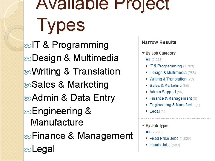 Available Project Types IT & Programming Design & Multimedia Writing & Translation Sales &