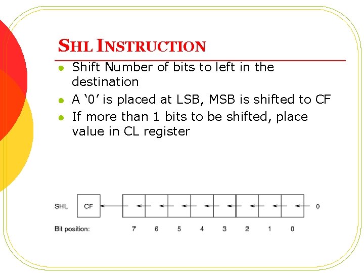 SHL INSTRUCTION l l l Shift Number of bits to left in the destination