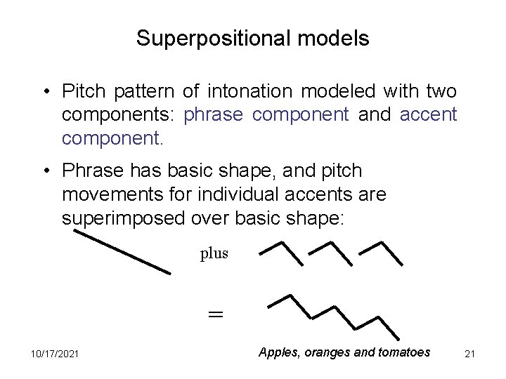 Superpositional models • Pitch pattern of intonation modeled with two components: phrase component and