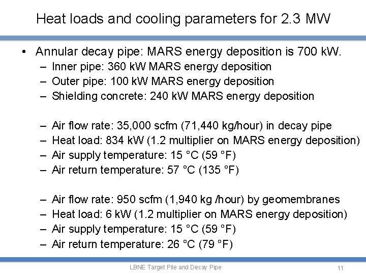 Heat loads and cooling parameters for 2. 3 MW • Annular decay pipe: MARS
