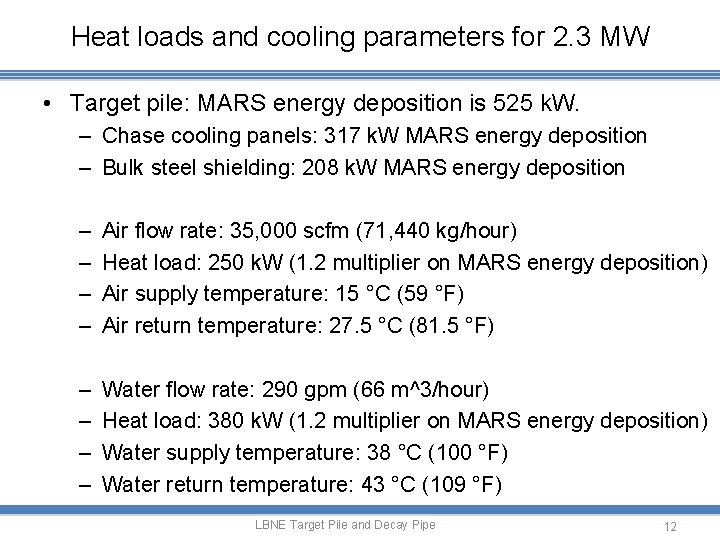 Heat loads and cooling parameters for 2. 3 MW • Target pile: MARS energy