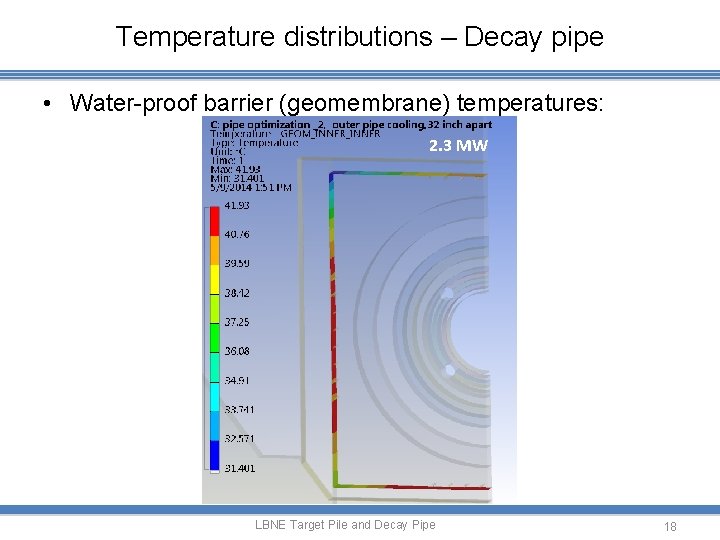 Temperature distributions – Decay pipe • Water-proof barrier (geomembrane) temperatures: 2. 3 MW LBNE