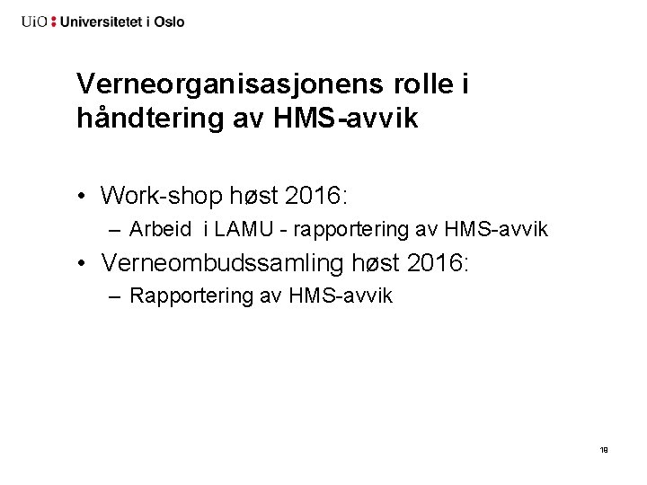 Verneorganisasjonens rolle i håndtering av HMS-avvik • Work-shop høst 2016: – Arbeid i LAMU