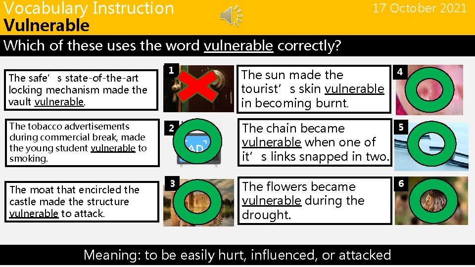 Vocabulary Instruction Vulnerable 17 October 2021 Which of these uses the word vulnerable correctly?