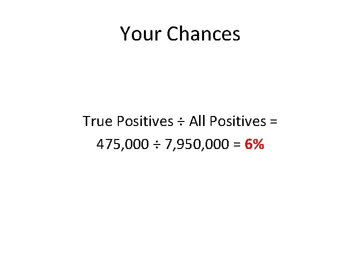 Your Chances True Positives ÷ All Positives = 475, 000 ÷ 7, 950, 000