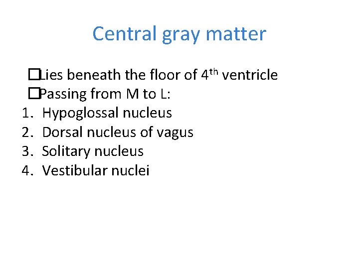 Central gray matter �Lies beneath the floor of 4 th ventricle �Passing from M