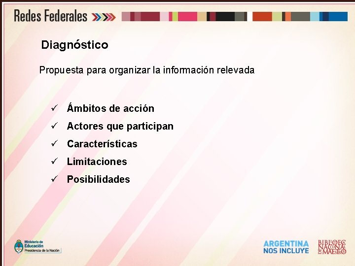 Diagnóstico Propuesta para organizar la información relevada ü Ámbitos de acción ü Actores que