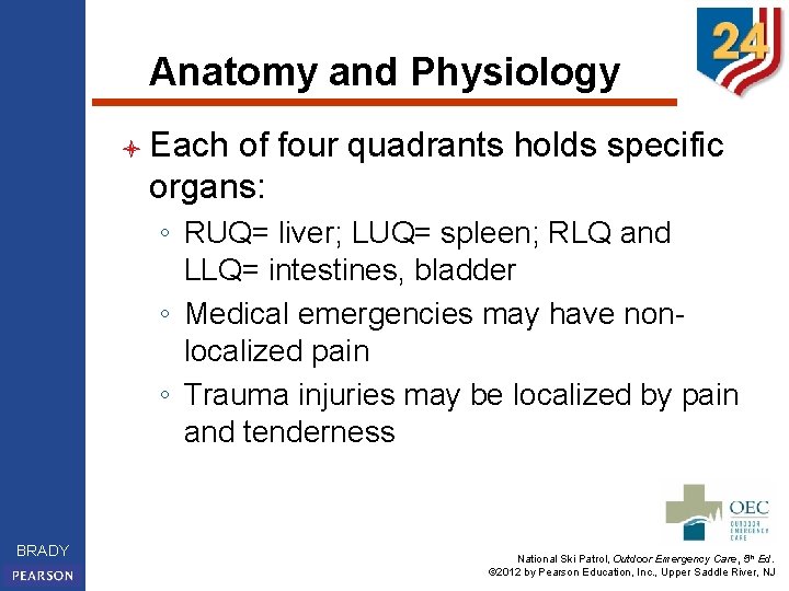 Anatomy and Physiology l Each of four quadrants holds specific organs: ◦ RUQ= liver;