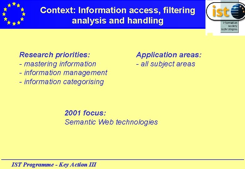 Context: Information access, filtering analysis and handling Research priorities: - mastering information - information