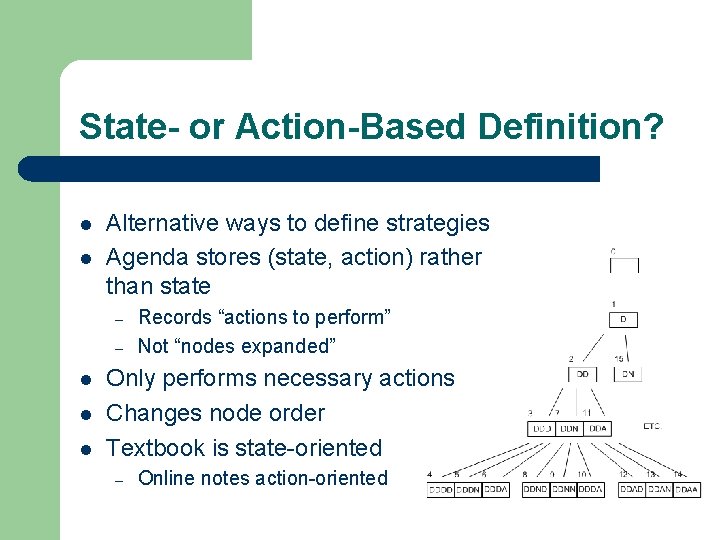 State- or Action-Based Definition? l l Alternative ways to define strategies Agenda stores (state,