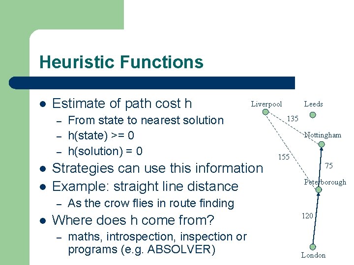 Heuristic Functions l Estimate of path cost h – – – l l From