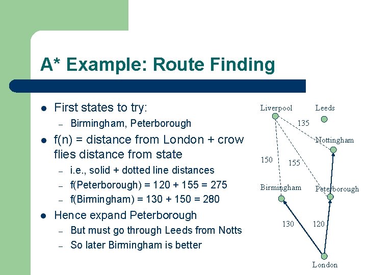 A* Example: Route Finding l First states to try: – l – – l