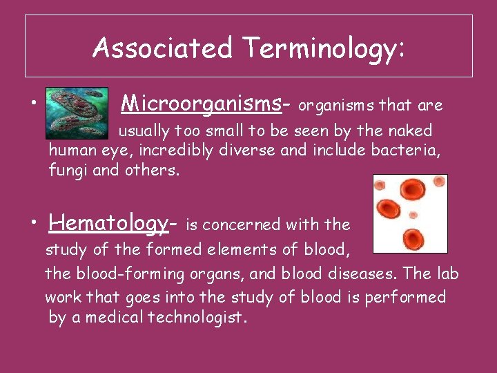 Associated Terminology: • Microorganisms- organisms that are usually too small to be seen by