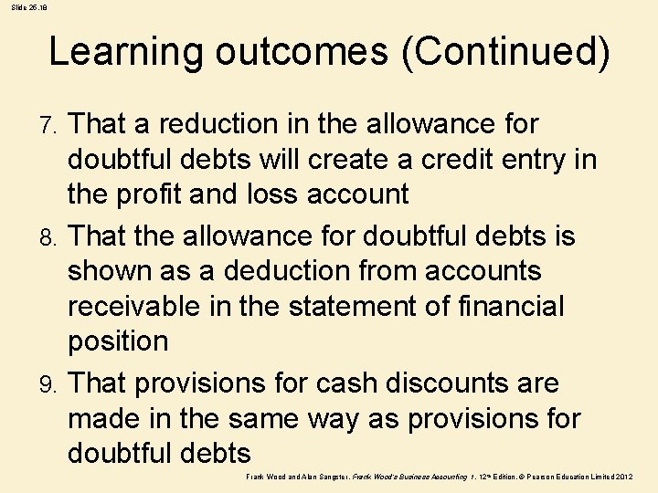 Slide 25. 18 Learning outcomes (Continued) That a reduction in the allowance for doubtful