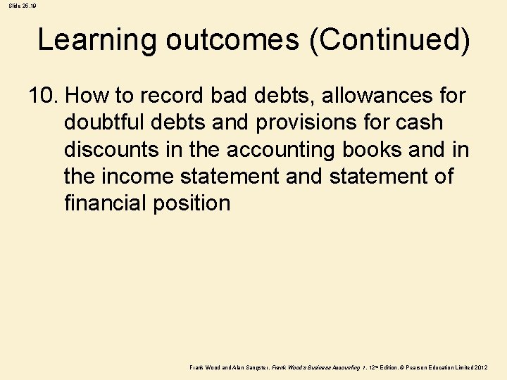 Slide 25. 19 Learning outcomes (Continued) 10. How to record bad debts, allowances for
