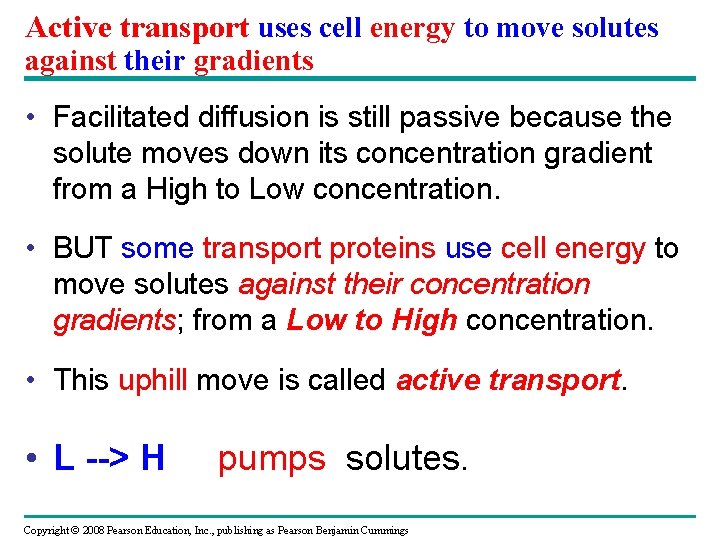 Active transport uses cell energy to move solutes against their gradients • Facilitated diffusion