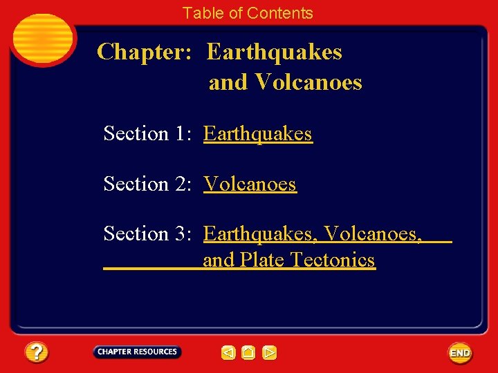 Table of Contents Chapter: Earthquakes and Volcanoes Section 1: Earthquakes Section 2: Volcanoes Section