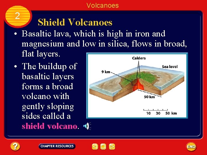 Volcanoes 2 Shield Volcanoes • Basaltic lava, which is high in iron and magnesium