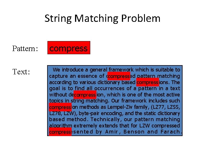 String Matching Problem Pattern： compress Text： We introduce a general framework which is suitable