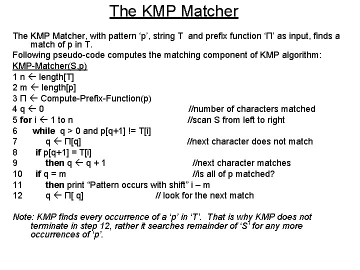 The KMP Matcher, with pattern ‘p’, string T and prefix function ‘Π’ as input,