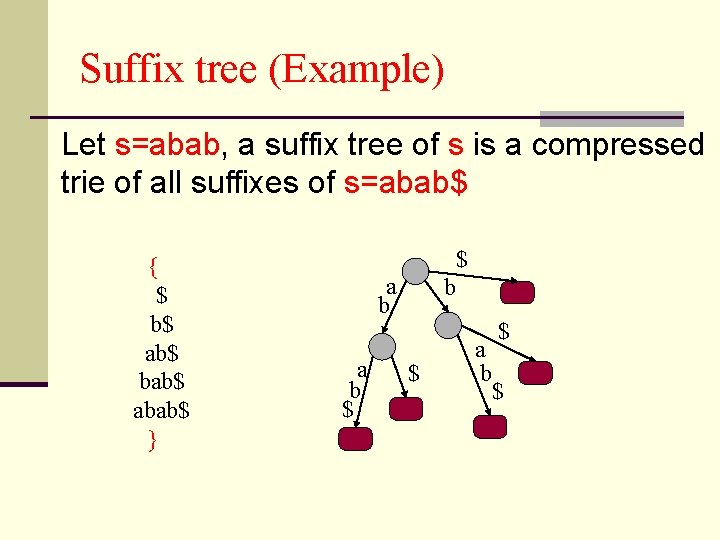 Suffix tree (Example) Let s=abab, a suffix tree of s is a compressed trie