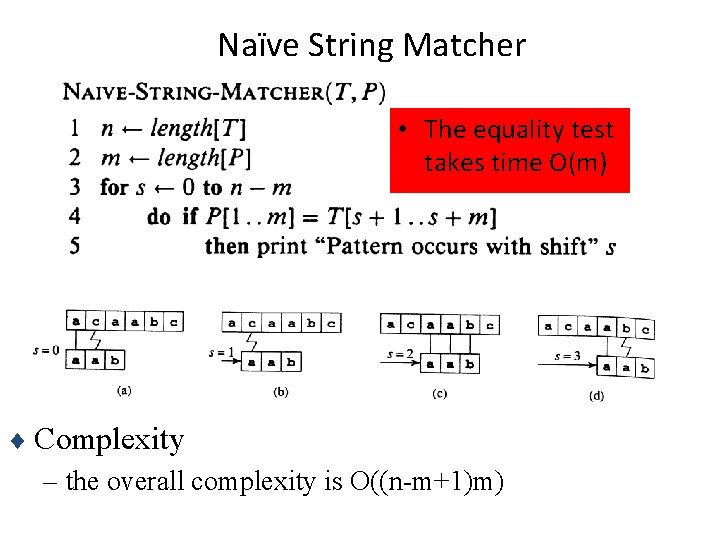 Naïve String Matcher • The equality test takes time O(m) ¨ Complexity – the