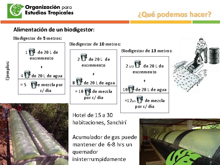 ¿Qué podemos hacer? Alimentación de un biodigestor: Biodigestor de 5 metros: Ejemplos: 1 Biodigestor