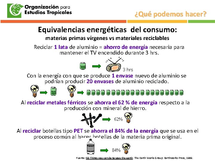 ¿Qué podemos hacer? Equivalencias energéticas del consumo: materias primas vírgenes vs materiales reciclables Reciclar