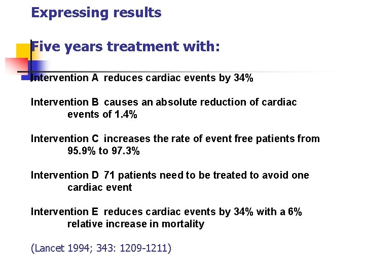 Expressing results Five years treatment with: Intervention A reduces cardiac events by 34% Intervention