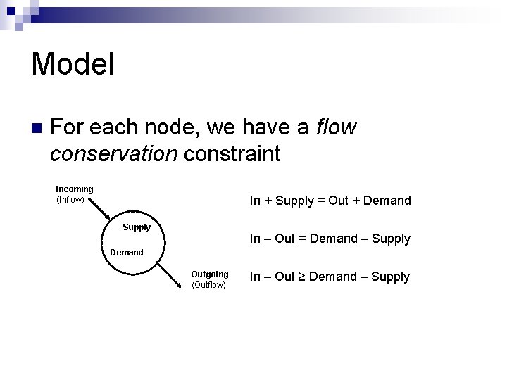 Model n For each node, we have a flow conservation constraint Incoming (Inflow) In