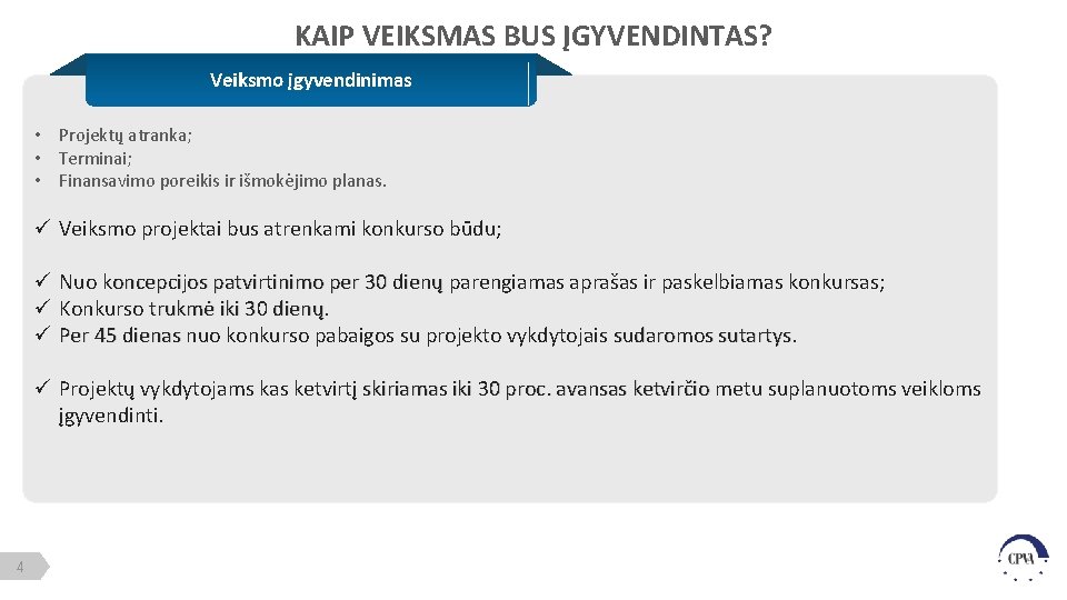 KAIP VEIKSMAS BUS ĮGYVENDINTAS? Veiksmo įgyvendinimas • Projektų atranka; • Terminai; • Finansavimo poreikis