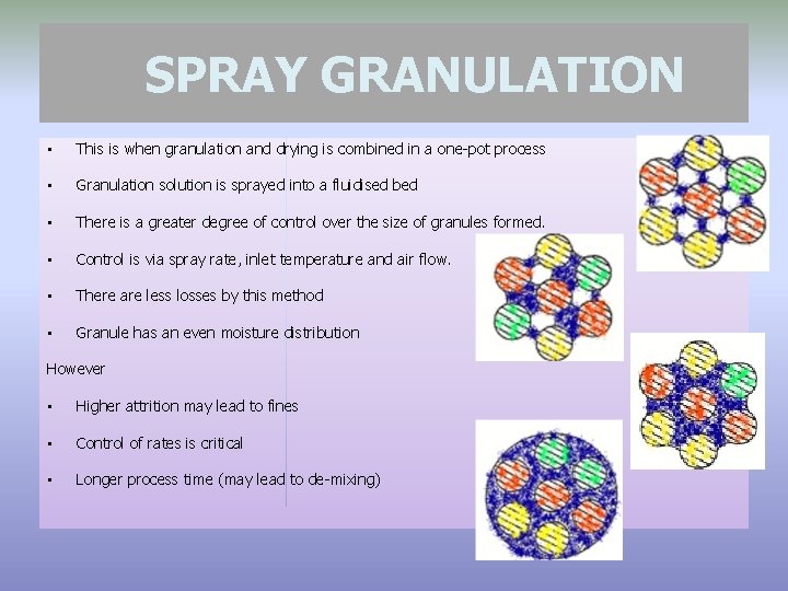 SPRAY GRANULATION • This is when granulation and drying is combined in a one-pot