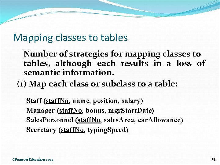 Mapping classes to tables Number of strategies for mapping classes to tables, although each
