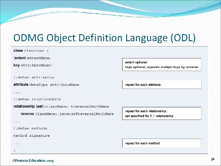 ODMG Object Definition Language (ODL) ©Pearson Education 2009 31 