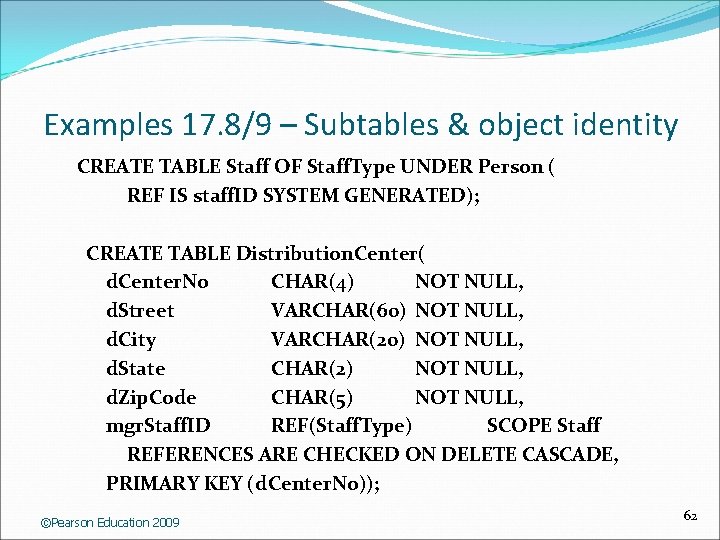 Examples 17. 8/9 – Subtables & object identity CREATE TABLE Staff OF Staff. Type
