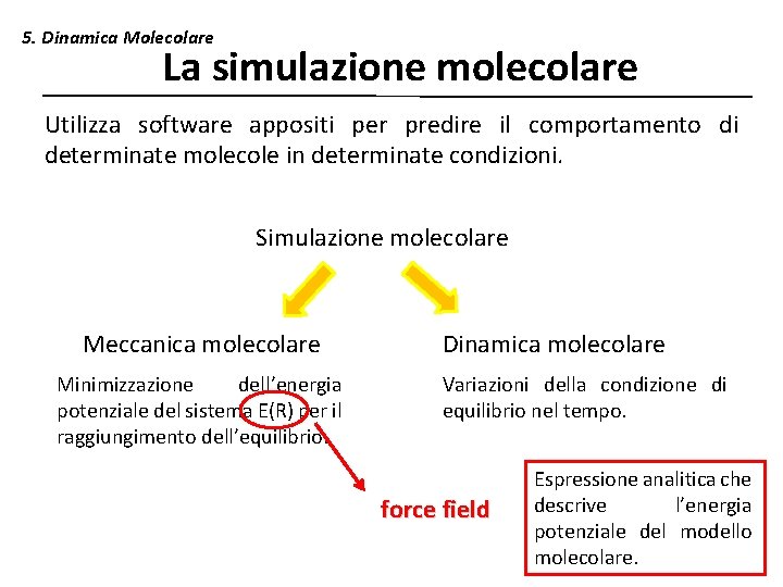 5. Dinamica Molecolare La simulazione molecolare Utilizza software appositi per predire il comportamento di
