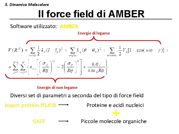 5. Dinamica Molecolare Il force field di AMBER Software utilizzato: AMBER Energie di legame