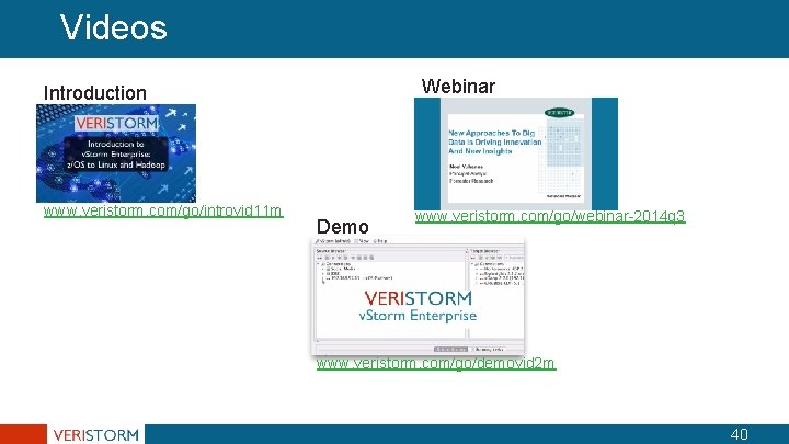 Videos Webinar Introduction www. veristorm. com/go/introvid 11 m Demo www. veristorm. com/go/webinar-2014 q 3 Videos Webinar Introduction www. veristorm. com/go/introvid 11 m Demo www. veristorm. com/go/webinar-2014 q 3