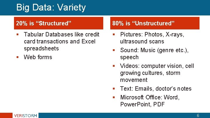 Big Data: Variety 20% is “Structured” 80% is “Unstructured” § Tabular Databases like credit Big Data: Variety 20% is “Structured” 80% is “Unstructured” § Tabular Databases like credit