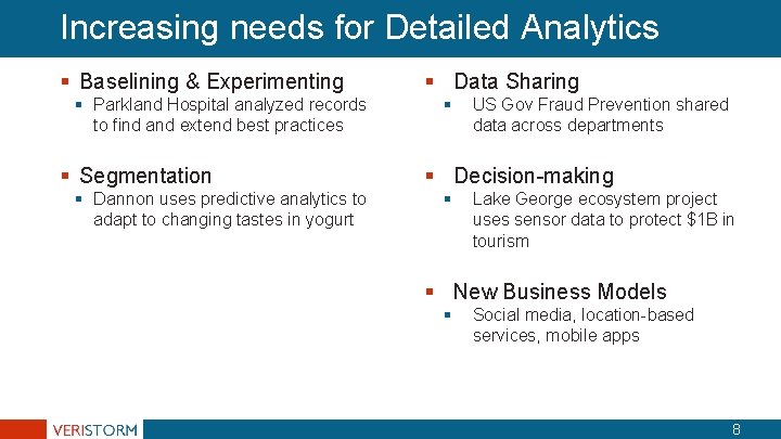 Increasing needs for Detailed Analytics § Baselining & Experimenting § Parkland Hospital analyzed records Increasing needs for Detailed Analytics § Baselining & Experimenting § Parkland Hospital analyzed records