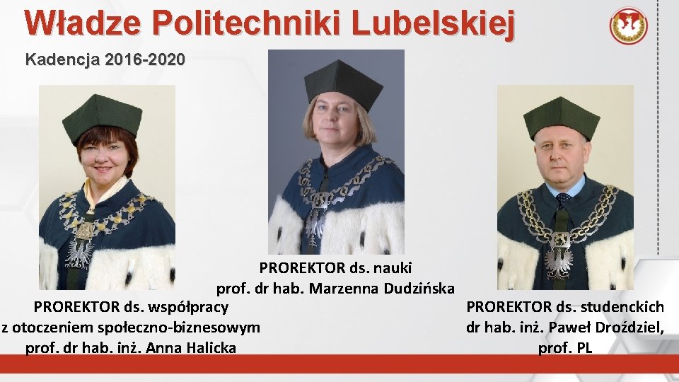 Władze Politechniki Lubelskiej Kadencja 2016 -2020 PROREKTOR ds. nauki prof. dr hab. Marzenna Dudzińska