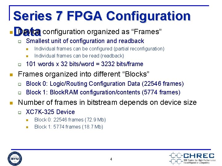 n Series 7 FPGA Configuration Device configuration organized as “Frames” Data q Smallest unit