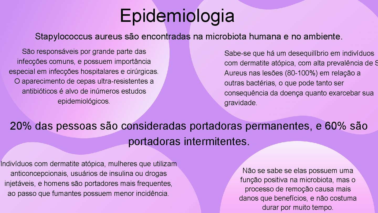 Epidemiologia Stapylococcus aureus são encontradas na microbiota humana e no ambiente. São responsáveis por