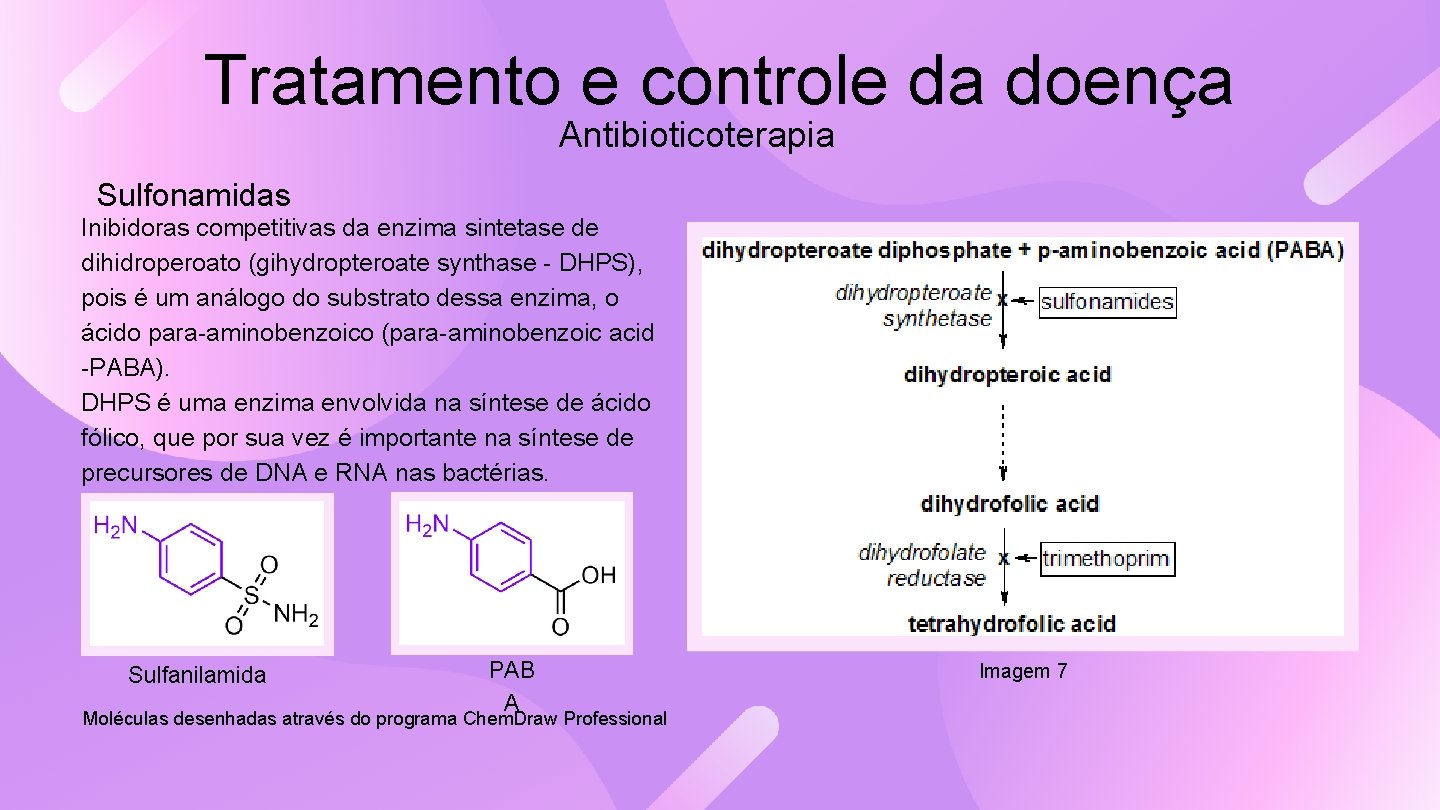 Tratamento e controle da doença Antibioticoterapia Sulfonamidas Inibidoras competitivas da enzima sintetase de dihidroperoato