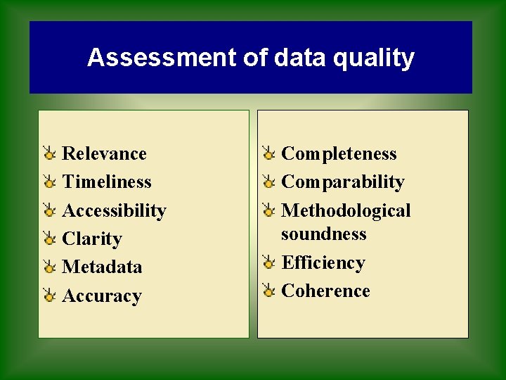 Assessment of data quality Relevance Timeliness Accessibility Clarity Metadata Accuracy Completeness Comparability Methodological soundness