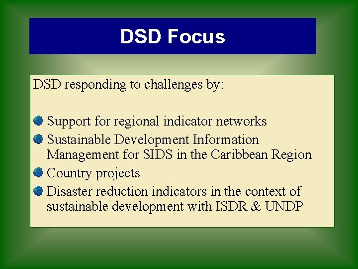 DSD Focus DSD responding to challenges by: Support for regional indicator networks Sustainable Development