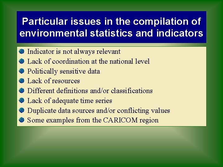 Particular issues in the compilation of environmental statistics and indicators Indicator is not always