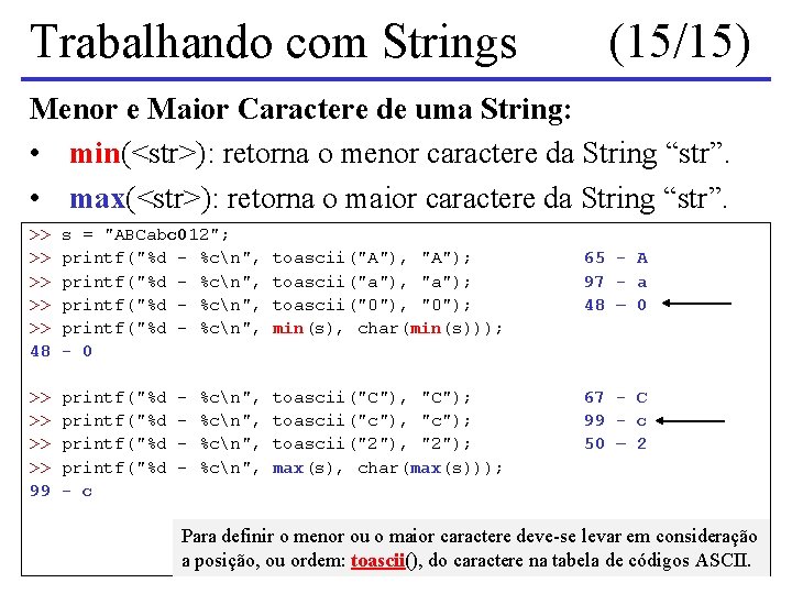 Trabalhando com Strings (15/15) Menor e Maior Caractere de uma String: • min(<str>): retorna