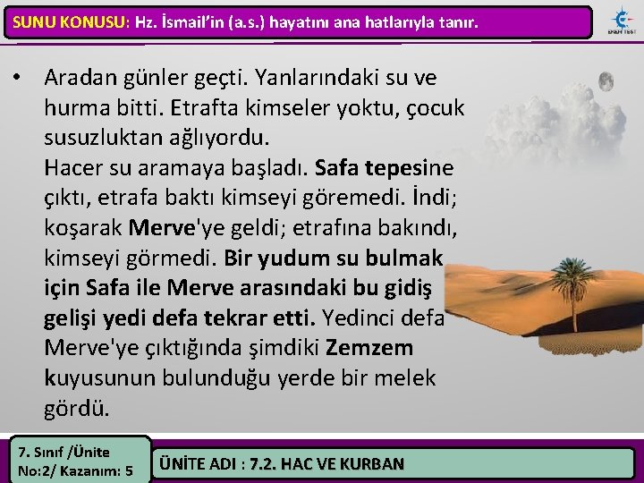 SUNU KONUSU: Hz. İsmail’in (a. s. ) hayatını ana hatlarıyla tanır. • Aradan günler