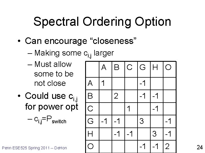 Spectral Ordering Option • Can encourage “closeness” – Making some ci, j larger –